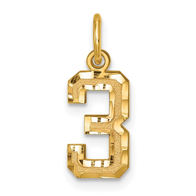 14K Yellow Gold Small Brushed Diamond-Cut Number 3 Charm