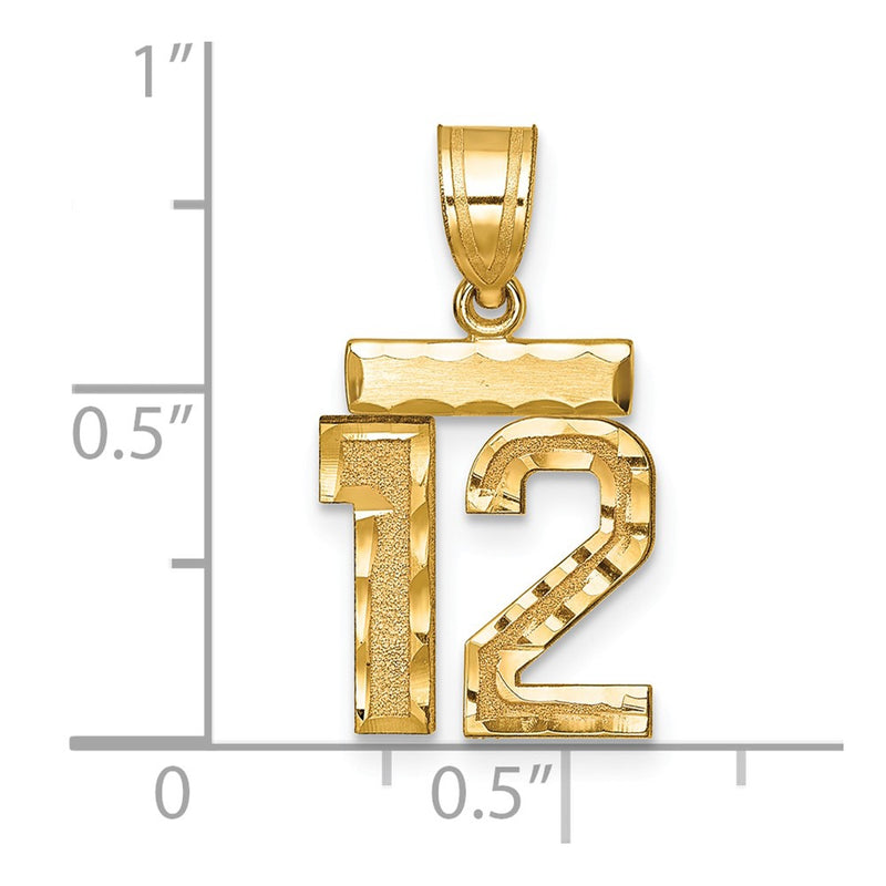 14k Yellow Gold Small Brushed Diamond-cut Number 12 Charm