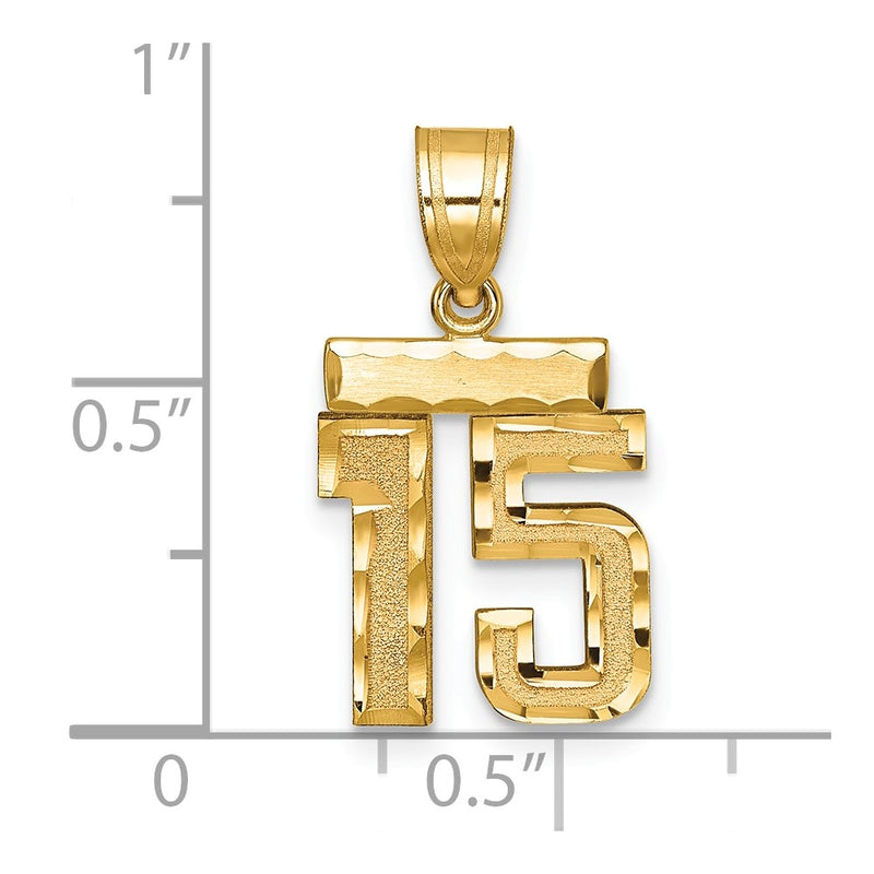 14k Yellow Gold Small Brushed Diamond-cut Number 15 Charm
