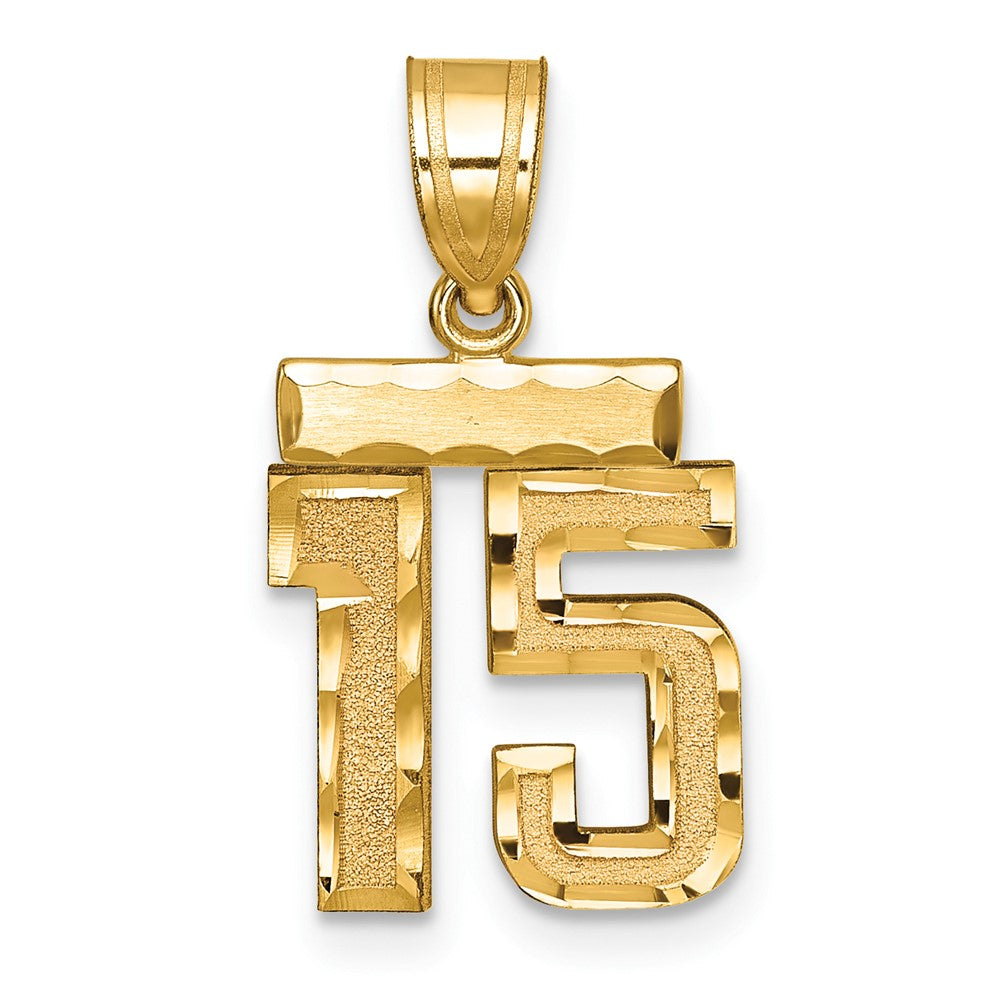 14k Yellow Gold Small Brushed Diamond-cut Number 15 Charm