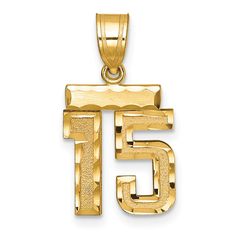 14k Yellow Gold Small Brushed Diamond-cut Number 15 Charm