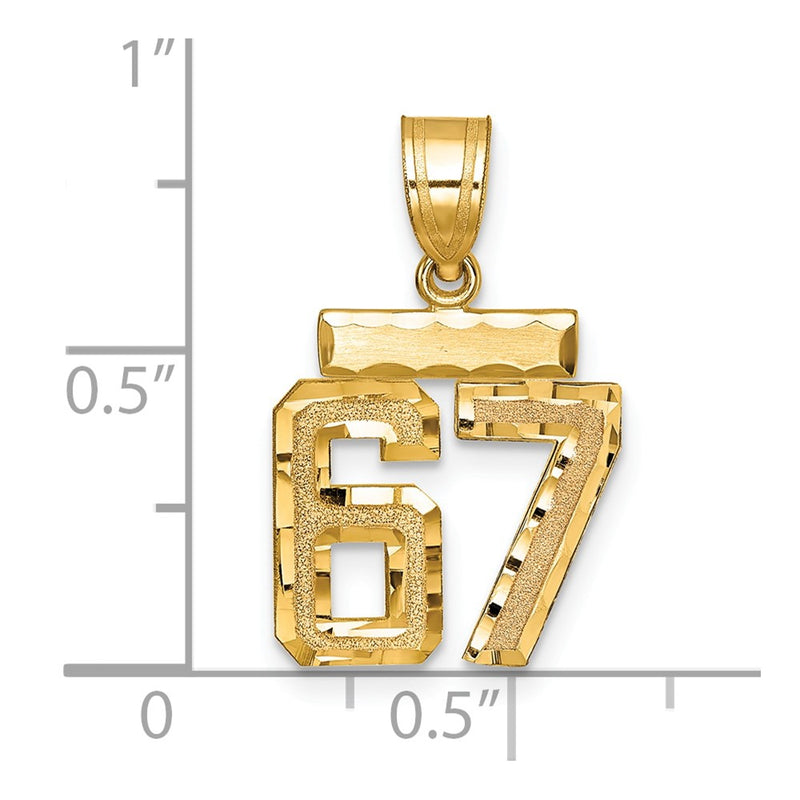 14k Yellow Gold Small Brushed Diamond-cut Number 67 Charm