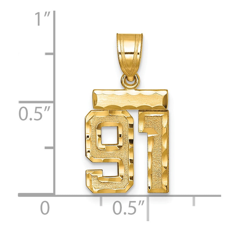 14k Yellow Gold Small Brushed Diamond-cut Number 91 Charm