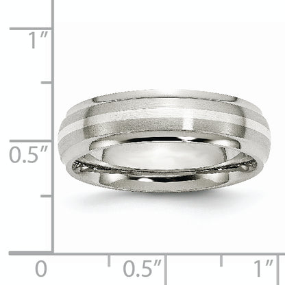 Stainless Steel Sterling Silver Inlay Ridged Edge Brushed And Polished Band