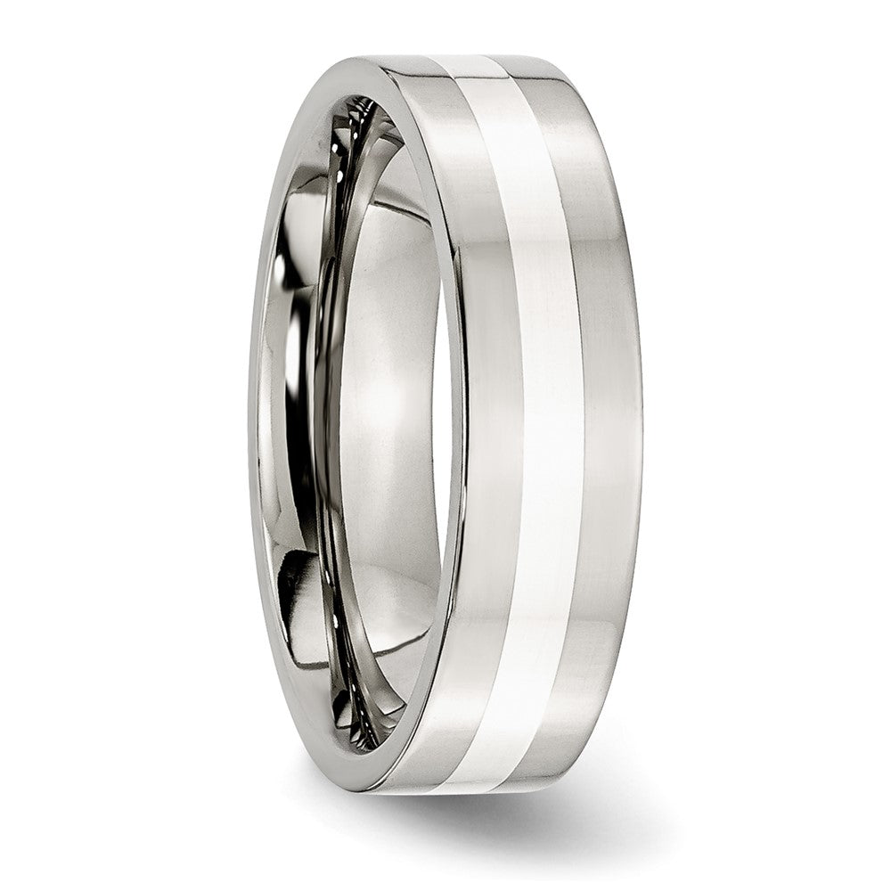 Stainless Steel Sterling Silver Inlay Polished 6mm Flat Band