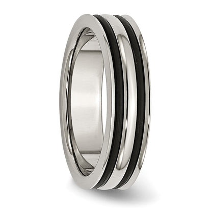 Stainless Steel 6mm Grooved And Black Rubber Band