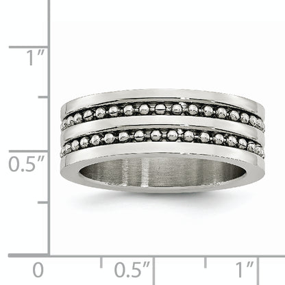 Stainless Steel Antiqued/Polished Double Row Beaded 8mm Band