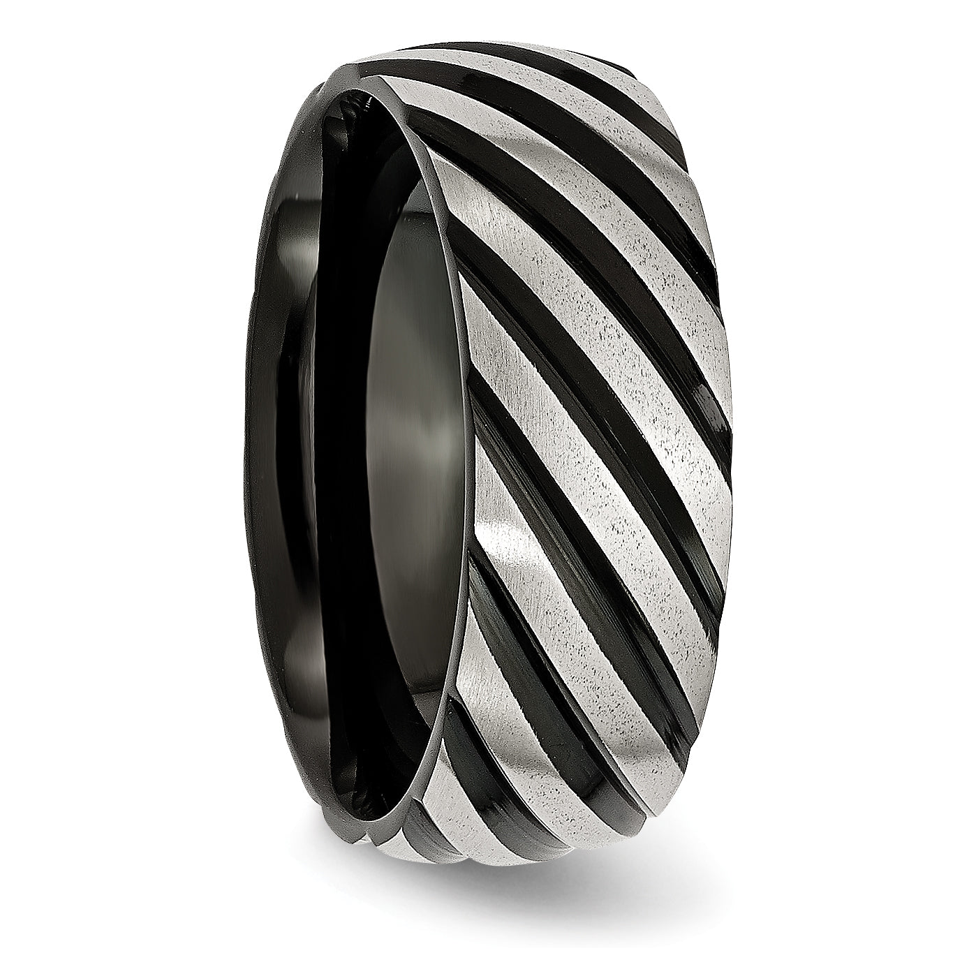 Stainless Steel 8mm Black Ip Plated Swirl Brushed & Polished Band
