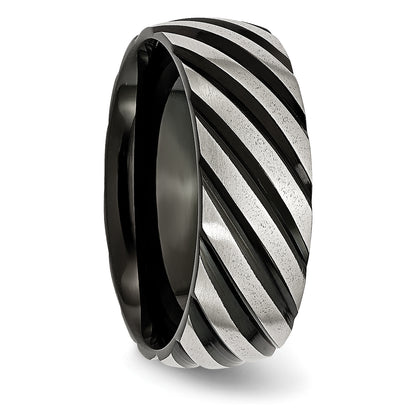 Stainless Steel 8mm Black Ip Plated Swirl Brushed & Polished Band