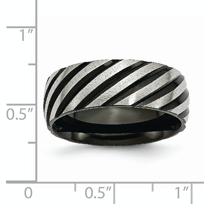 Stainless Steel 8mm Black Ip Plated Swirl Brushed & Polished Band