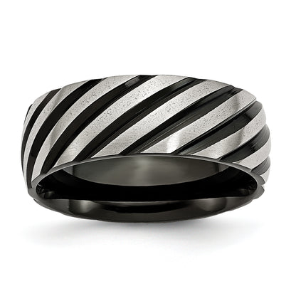 Stainless Steel 8mm Black Ip Plated Swirl Brushed & Polished Band