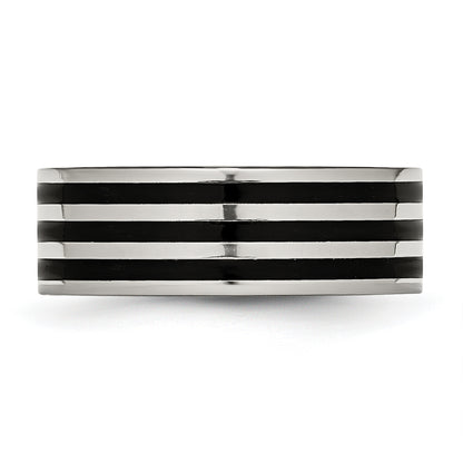 Stainless Steel 8mm Black Ip Plated Striped Polished Band