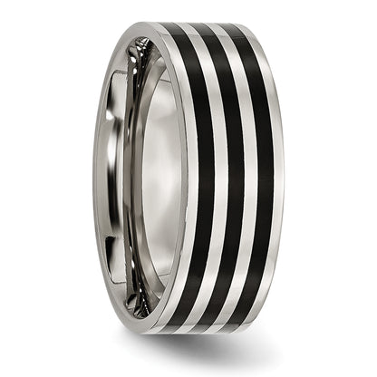 Stainless Steel 8mm Black Ip Plated Striped Polished Band