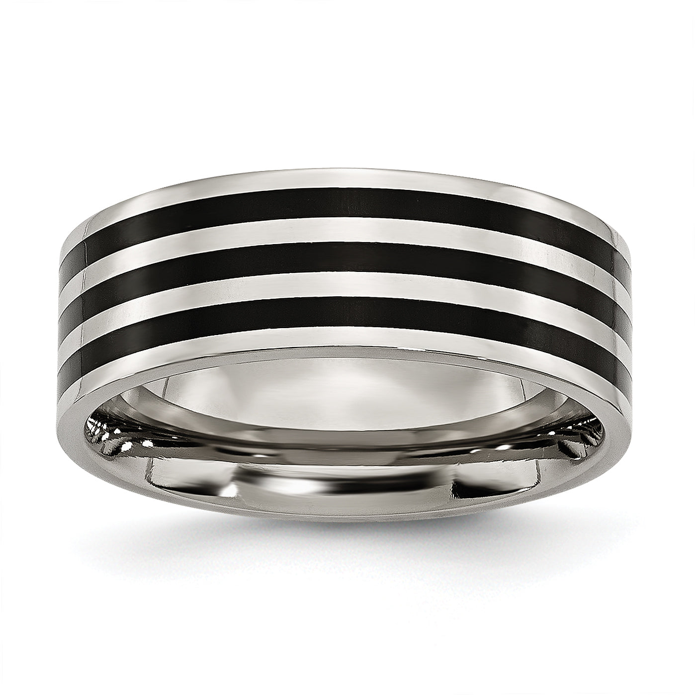 Stainless Steel 8mm Black Ip Plated Striped Polished Band