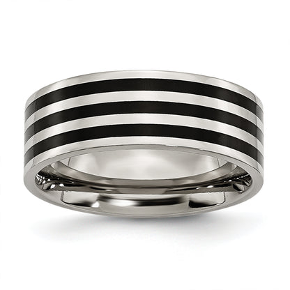 Stainless Steel 8mm Black Ip Plated Striped Polished Band