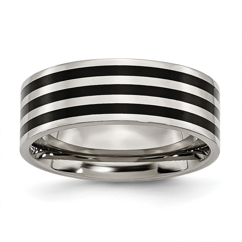 Stainless Steel 8mm Black Ip Plated Striped Polished Band