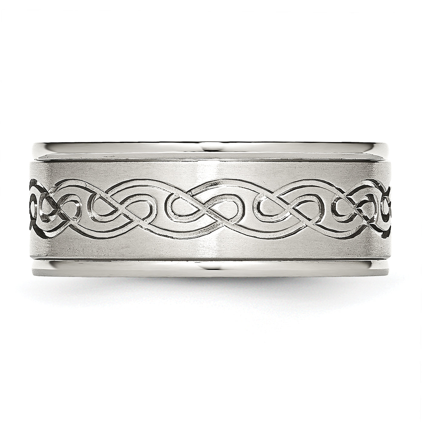 Stainless Steel Brushed/Polished Scroll Design 9mm Ridged Edge Band (Size 12.5 Only)