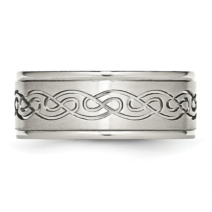 Stainless Steel Brushed/Polished Scroll Design 9mm Ridged Edge Band (Size 12.5 Only)