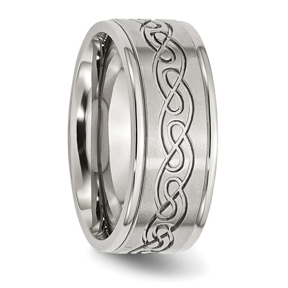 Stainless Steel Brushed/Polished Scroll Design 9mm Ridged Edge Band (Size 12.5 Only)
