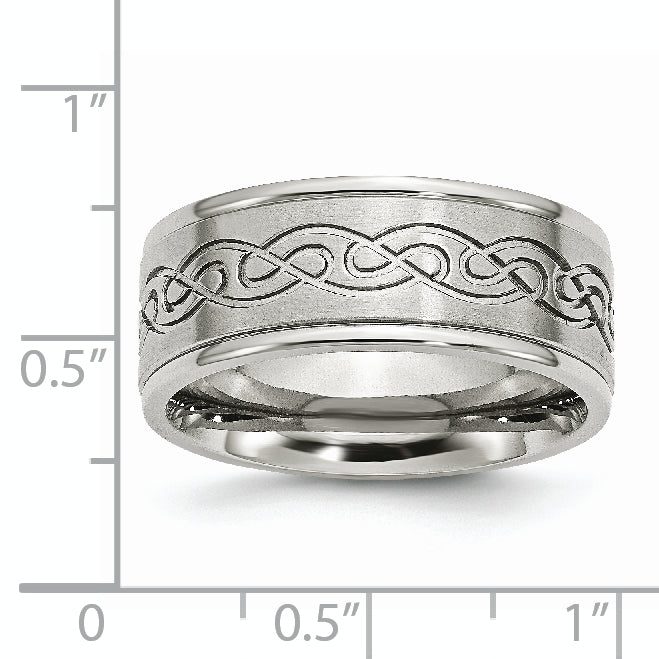 Stainless Steel Brushed/Polished Scroll Design 9mm Ridged Edge Band (Size 12.5 Only)