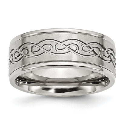 Stainless Steel Brushed/Polished Scroll Design 9mm Ridged Edge Band (Size 12.5 Only)