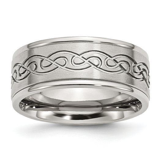 Stainless Steel Brushed/Polished Scroll Design 9mm Ridged Edge Band (Size 12.5 Only)