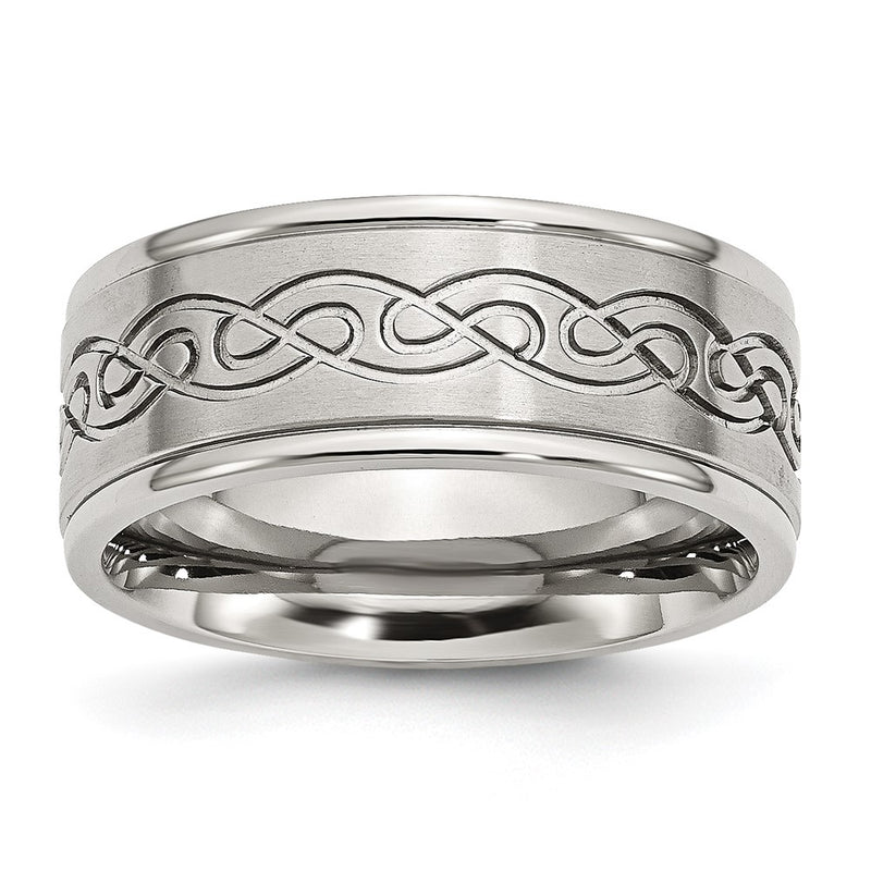 Stainless Steel Brushed/Polished Scroll Design 9mm Ridged Edge Band (Size 12.5 Only)