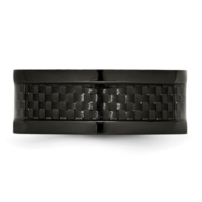 Stainless Steel Polished 9mm Black Ip Plated Carbon Fiber Inlay Band (Size 12 Only)