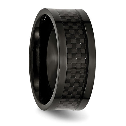 Stainless Steel Polished 9mm Black Ip Plated Carbon Fiber Inlay Band (Size 12 Only)