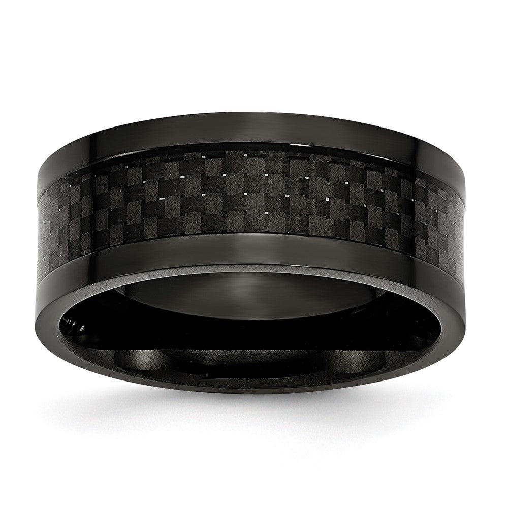 Stainless Steel Polished 9mm Black Ip Plated Carbon Fiber Inlay Band (Size 12 Only)