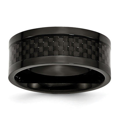 Stainless Steel Polished 9mm Black Ip Plated Carbon Fiber Inlay Band (Size 12 Only)