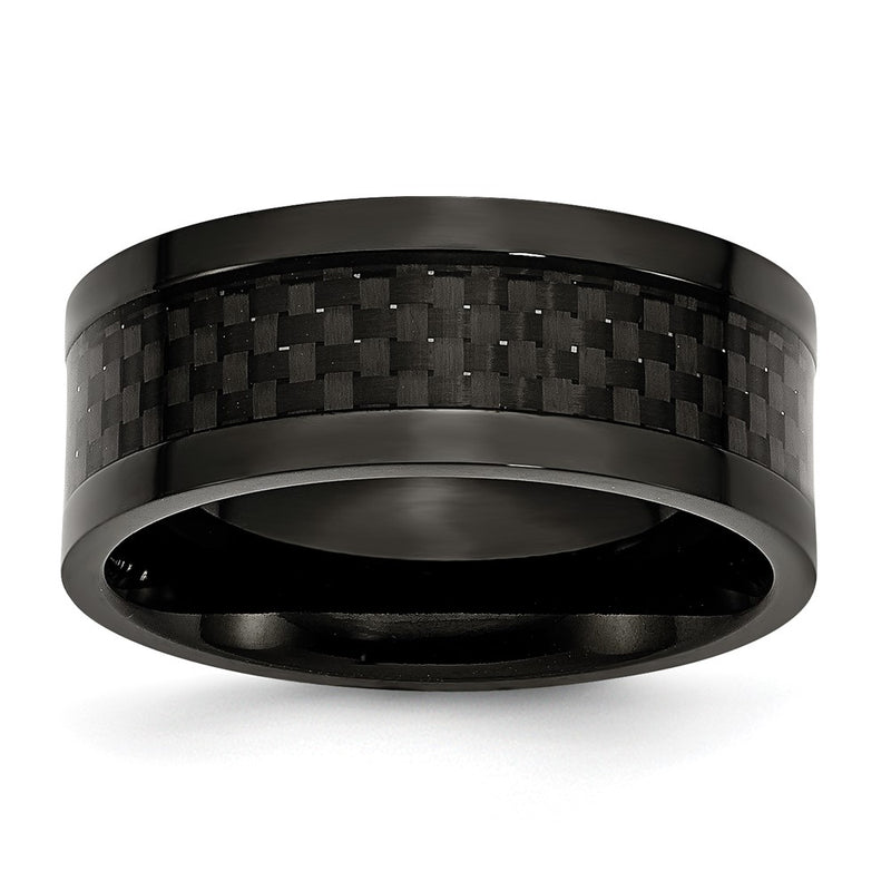Stainless Steel Polished 9mm Black Ip Plated Carbon Fiber Inlay Band (Size 12 Only)