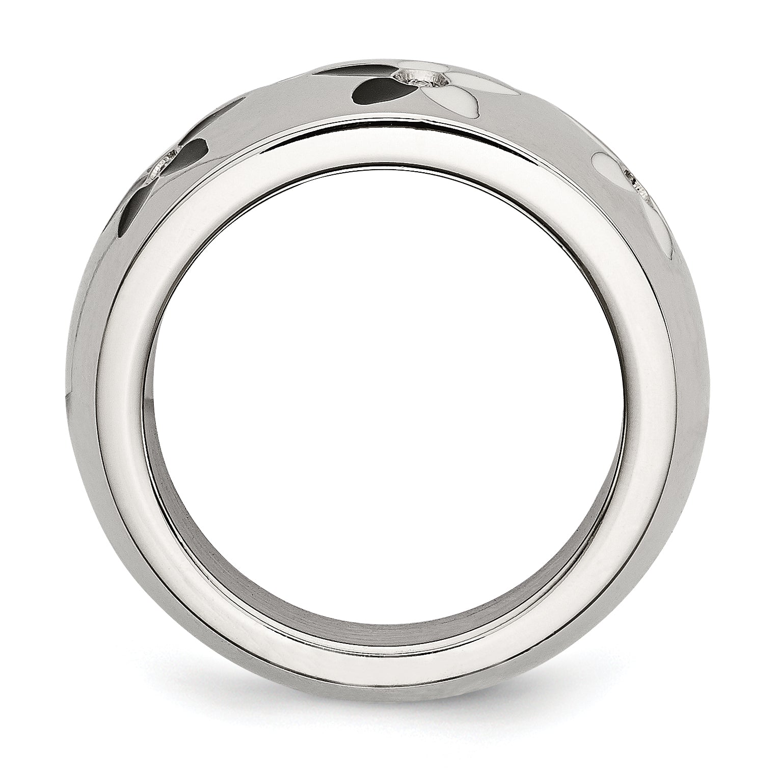 Stainless Steel Black & White Enamel Flowers Cz Ring (Size 6 Only)