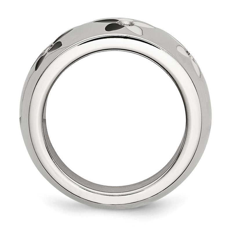 Stainless Steel Black & White Enamel Flowers Cz Ring (Size 6 Only)