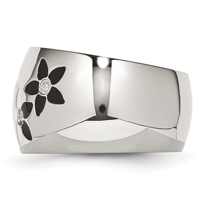 Stainless Steel Black & White Enamel Flowers Cz Ring (Size 6 Only)