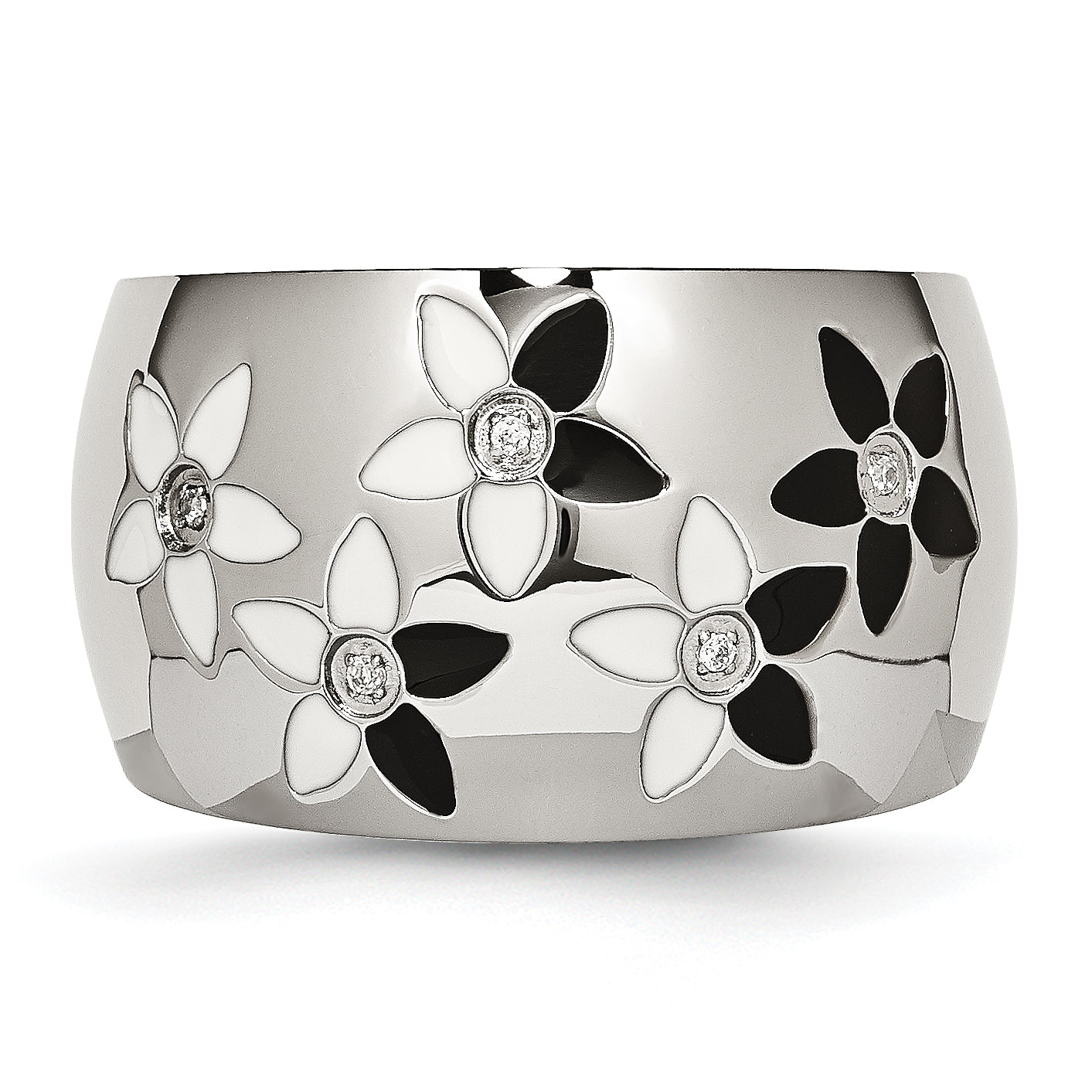 Stainless Steel Black & White Enamel Flowers Cz Ring (Size 6 Only)