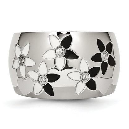 Stainless Steel Black & White Enamel Flowers Cz Ring (Size 6 Only)