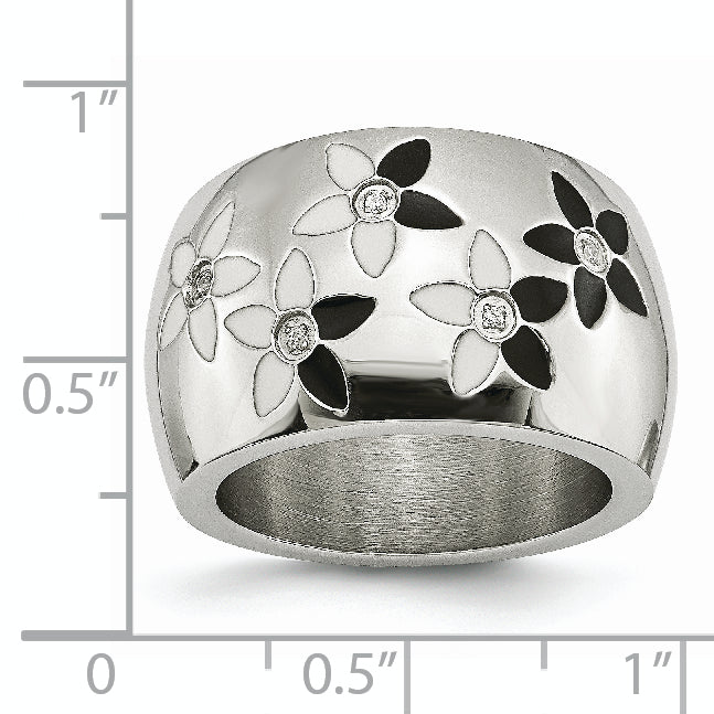 Stainless Steel Black & White Enamel Flowers Cz Ring (Size 6 Only)