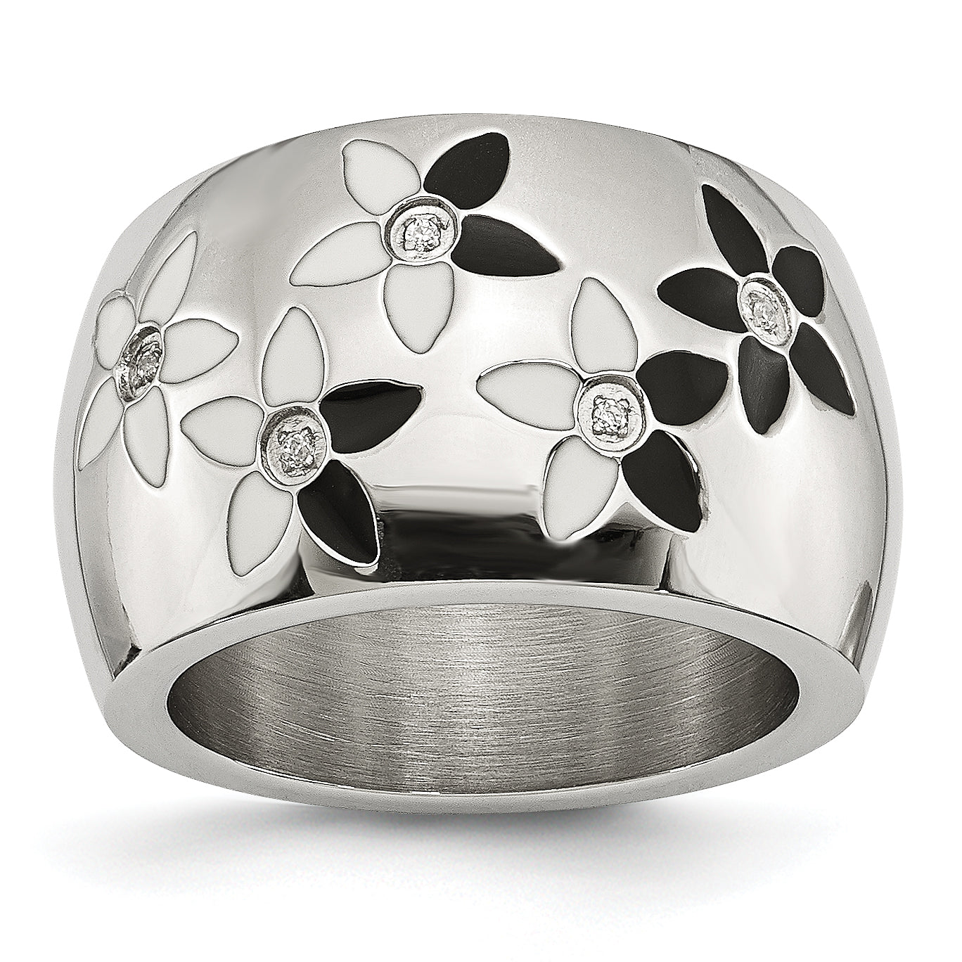 Stainless Steel Black & White Enamel Flowers Cz Ring (Size 6 Only)