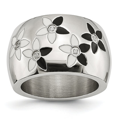 Stainless Steel Black & White Enamel Flowers Cz Ring (Size 6 Only)