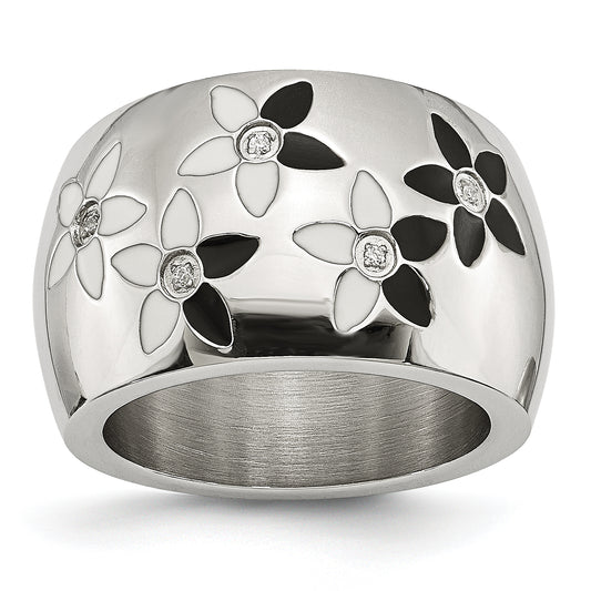 Stainless Steel Black & White Enamel Flowers Cz Ring (Size 6 Only)