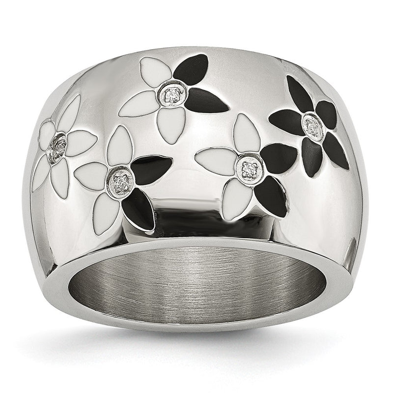 Stainless Steel Black & White Enamel Flowers Cz Ring (Size 6 Only)