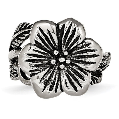 Stainless Steel Antique Finish Flower Ring (Size 6 Only)