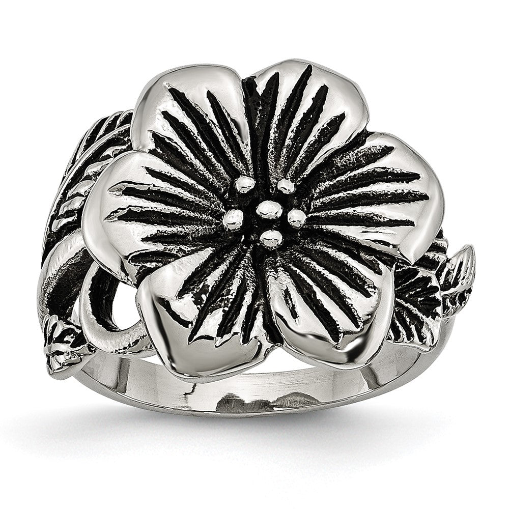 Stainless Steel Antique Finish Flower Ring (Size 6 Only)
