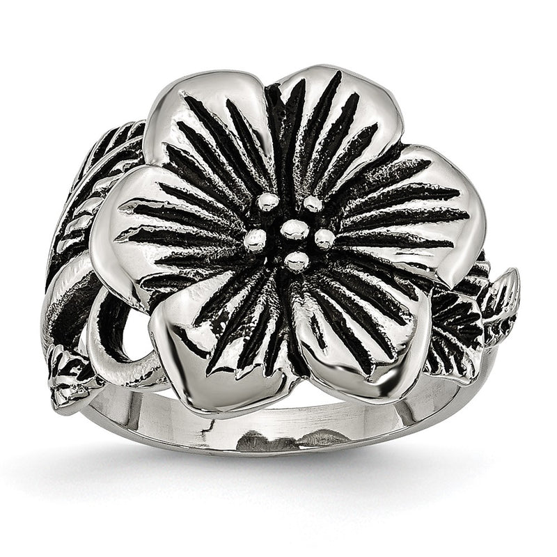 Stainless Steel Antique Finish Flower Ring (Size 6 Only)