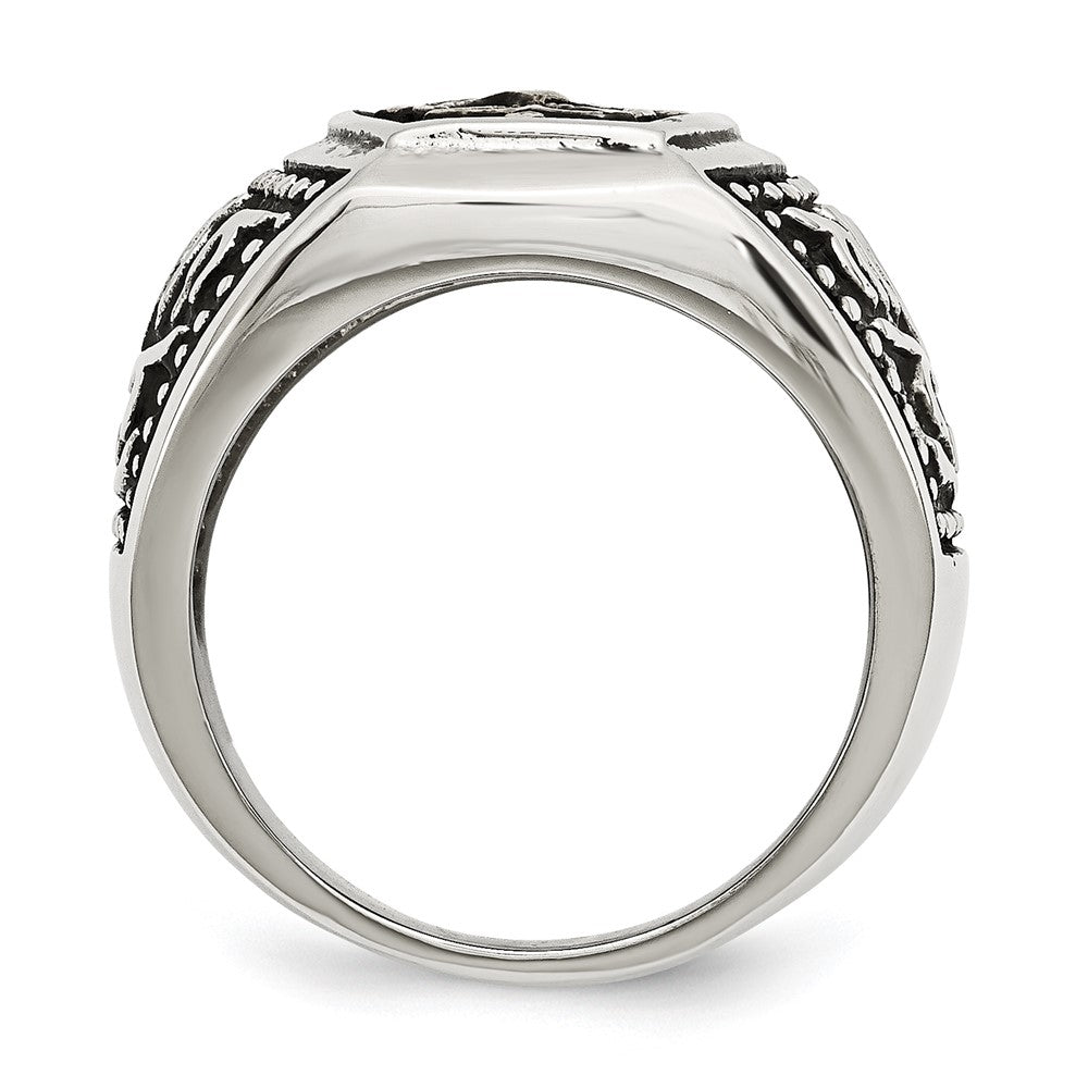 Stainless Steel Antiqued Polished & Textured Yellow Ip Plated Cross Ring