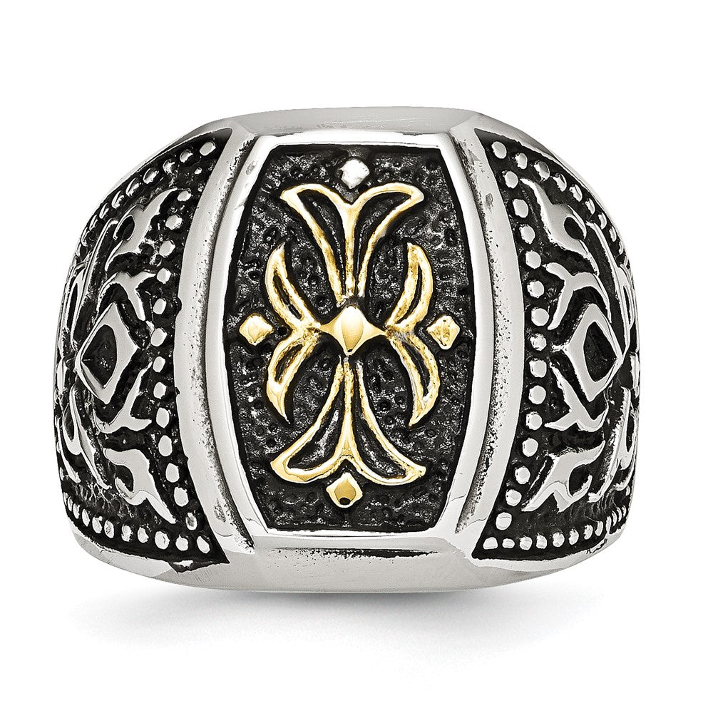 Stainless Steel Antiqued Polished & Textured Yellow Ip Plated Cross Ring
