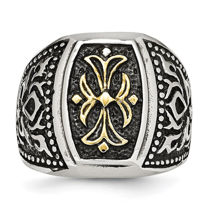 Stainless Steel Antiqued Polished & Textured Yellow Ip Plated Cross Ring
