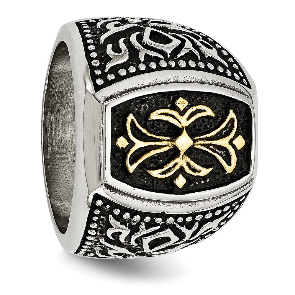 Stainless Steel Antiqued Polished & Textured Yellow Ip Plated Cross Ring