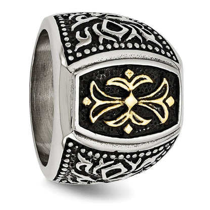 Stainless Steel Antiqued Polished & Textured Yellow Ip Plated Cross Ring